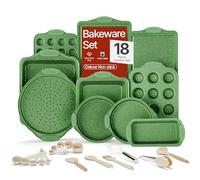 BAKKEN Kitchen Baking Pan Set - Nonstick Green Marble Coating, Carbon Steel Bakeware Sets with Green Silicone Handles, Kitchen Essentials, PFOA, PFOS, PTFE Free, Oven Safe (Up to 450° F), Set of 18