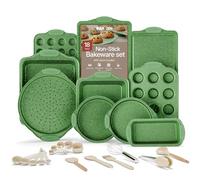 BAKKEN Kitchen Baking Pan Set - Nonstick Green Marble Coating, Carbon Steel Bakeware Sets with Green Silicone Handles, Kitchen Essentials, PFOA, PFOS, PTFE Free, Oven Safe (Up to 450° F), Set of 18