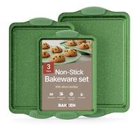 BAKKEN Kitchen Baking Pan Set - Nonstick Green Marble Coating, Carbon Steel Bakeware Sets with Green Silicone Handles, Kitchen Essentials, PFOA, PFOS, PTFE Free, Oven Safe (Up to 450° F), Set of 3