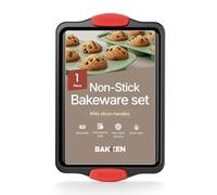 BAKKEN Kitchen Baking Pans - 15.15 x 10.03 Medium Nonstick Sheet, Durable Carbon Steel Cookie Sheet with Red Silicone Handles, PFOA, PFOS, PTFE Free, Oven Safe Tray (Up to 450°F), Set of 1