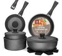 Bakken-Swiss Detachable 15-Piece Cookware Set - Granite Non-Stick - Eco-Friendly - Stackable Removable Handles - for All Stoves & Oven-Safe - Marble Black Coating