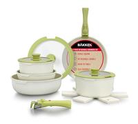 Bakken-Swiss Detachable 15-Piece Cookware Set - Granite Non-Stick - Eco-Friendly - Stackable Removable Handles - for All Stoves & Oven-Safe - Green/Cream Color