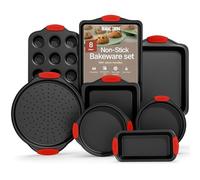 BAKKENMASTER Baking Set - 8 Piece Kitchen Oven Bakeware Set - Deluxe Non-Stick Black Coating Inside and Outside - Carbon Steel - Red Silicone Handles - PFOA PFOS and PTFE Free by Bakken