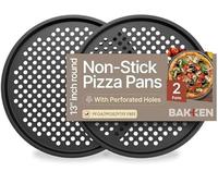 BAKKENMASTER Bakken- Swiss Non-Stick Pizza Pan with Holes - 13-Inch Perforated Pizza Crisper Carbon Steel Pizza Pan - 2 Round Pizza Trays - PFOA PFOS and PTFE Free