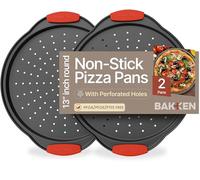 BAKKENMASTER Pizza Tray - 2 Round with Silicone Handles - Carbon Steel Pizza Pan with Holes and Non-Stick Coating - PFOA PFOS and PTFE Free by Bakken
