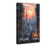 BAKOLHG Eiffel Tower Anime Cat Canvas Poster Wall Art Decor Print Picture Paintings for Living Room Bedroom Decoration 16x24inch(40x60cm)