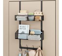 BAKON Over-the-Door Organizer, Heavy-Duty Behind Door Rack with 2 Mesh Baskets & 4 Hooks for Towels Coats Keys, No Installation Required, Space Saving for Bathroom Bedroom Kitchen Office, White