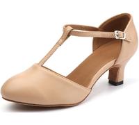 BAKPH Women's T-Strap Character Dance Shoes Non-Slip Ballroom Dance Heels for Latin Salsa Tango, Tan, 4 UK