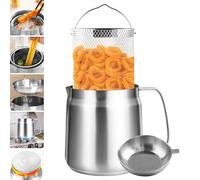 Bakpoco 2L Stainless Steel Oil Filter Pot, Bacon Grease Container with Strainer & Deep Fryer Basket, Kitchen Cooking Oil Lard Fat Saver, Pasta Vegetable Pot for One, Triply-Base Suits All Stoves