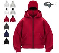 Balaclava Hoodie With Built In Balaclava For Women Men,Double Hooded Zip Up Jacket Hoodie With Mask,Winter Ninja Hoodie (Red,S)
