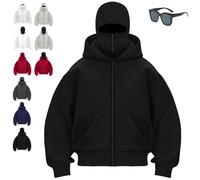 Balaclava Hoodie With Built In Balaclava For Women Men,Double Hooded Zip Up Jacket Hoodie With Mask,Winter Ninja Hoodie (Black,M)
