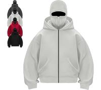 Balaclava Hoodie with Face Mask Built In,Fashion Double Hooded Ski Mask Hoodies,Masked Hoodies Men Zip Jacket,Full Zipper Jacket Travel Hoodie Coat (UK, Alpha, 3XL, Regular, Regular, Light Gray)