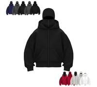 Balaclava Ninja Zipper Hoodie With Built In Balaclava,Double Hooded Jacket Hoodie With Mask, Wind-Resistant Winter Hoodies (Black (Zipper),M)