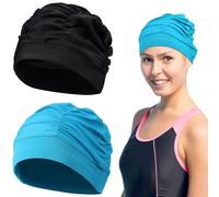 Balacoo 2pcs Fabric Swimming Cap Elastic Swim Caps Pleated Polyester Lightweight Room for Hair Swimmers of Ages Swimming Pool Use