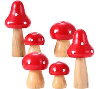 Balacoo 6Pcs Wooden Mushroom Miniature Figurines Cake Topper Fairy Garden Accessories for Micro Landscape Garden Decoration Plant Flower Pots Ornaments Red