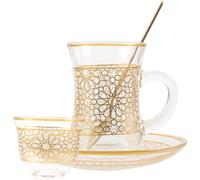 Balacoo Arabic Style Glass Coffee Cup and Saucer Set, 200Ml Vintage Cups with Gold Rim for Tea, Juice, and Coffee at Cafe or Home