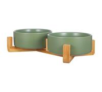 Balacoo Ceramic Dog and Cat Bowls Stylish Appearance with Sturdy Wooden Stand, Raised Double round Bowls to Prevent Tipping Pet Feeder for Daily Use and Home Decor