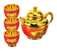 Balacoo Golden Teapot and Cup Set for Worship and Ritual Use, Gilded Tea Pot and Offering Cups with Decorative Design, for Religious Ceremonies and Home Altar Settings