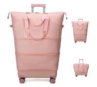 Balakaka Travel Bag with Wheels, Expandable 75L Foldable Rolling Duffle Bags with Removable Tie Rods, Dry Wet Sports Gym Bag for Weekend Overnight, Pink
