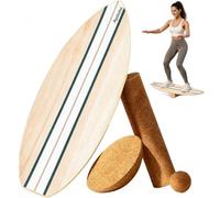 Balance Board Trainer for Surf & Fitness, Wooden Balance Board for Adults, Balance Trainer with Cork Roller, Cork Hemisphere, and Rubber Ball, Balance Trainer with Non-Slip Surface Treatment