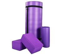"""BalanceFrom All-Purpose 71"""" x 24"""" x 1-Inch Extra Thick High Density Anti-Tear Exercise Yoga Mat, Knee Pad with Carrying Strap & 2 Yoga Blocks, Purple"""
