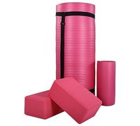 """BalanceFrom All-Purpose 71"""" x 24"""" x 1-Inch Extra Thick High Density Anti-Tear Exercise Yoga Mat, Knee Pad with Carrying Strap & 2 Yoga Blocks, Pink"""