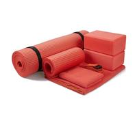 BalanceFrom GoYoga 7-Piece Yoga Set - Red, 1/2" Thick Mat with Carrying Strap, 2 Blocks, Strap, Mat Towel, Hand Towel, Knee Pad