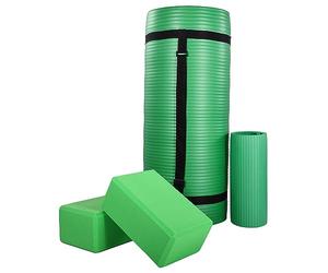 BalanceFrom Multi-Use Extra Thick High Density Ripstop Yoga Mat with Carry Strap and 2 Yoga Blocks Green 71" x 24" x 1"
