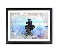 Balancing Zen Stones Upon A Lake In Abstract Modern Art Framed Print | A2 Black Framed Wall Art | Ready to Hang | Abstract Landscape Picture | Living Room Bedroom Lounge Office