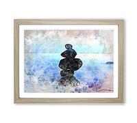Balancing Zen Stones Upon A Lake In Abstract Modern Art Framed Print | A3 Oak Framed Wall Art | Ready to Hang | Abstract Landscape Picture | Living Room Bedroom Lounge Office