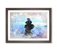 Balancing Zen Stones Upon A Lake In Abstract Modern Art Framed Print | A4 Walnut Framed Wall Art | Ready to Hang | Abstract Landscape Picture | Living Room Bedroom Lounge Office