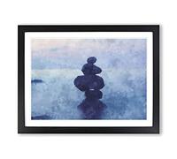 Balancing Zen Stones Upon A Lake Painting Modern Art Framed Print | A2 Black Framed Wall Art | Ready to Hang | Modern Landscape Picture | Living Room Bedroom Lounge Office