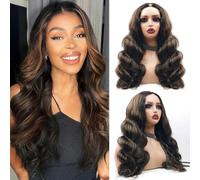 Balayage Human Hair Wig Ombre 24 Inch Ombre Brown V Part Seamless Upgrade U Part Human Hair Wig with Strands