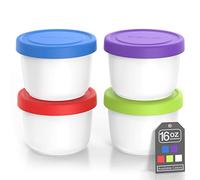 BALCI - 16oz Ice Cream Containers with Silicone Lids (Set of 4) - 1 Pint Each Freezer Food Storage Containers, Reusable, LeakProof, For Homemade IceCream Containers - Blue, Red, Green, Purple