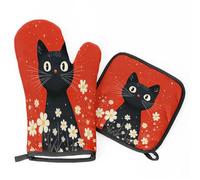 Balck Cat Flowers Red Oven Mitts & Pot Holders BBQ Gloves, Heat Resistant Kitchen Oven Gloves Hot Pads for Cooking Baking Grilling