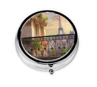 Balcony on The Paris Wall Print Pill Box 3 Compartments Round Pill Organizer Metal Waterproof Portable Pill Case for Pocket or Purse Vitamin/Fish Oil/Pills/Supplements