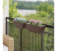 Balcony Railing Planter Brown Metal 50x17x17 cm Rattan Look Hooks Outdoor Steel