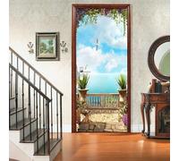 Balcony Sea View Door Stickers for Interior Doors Sky Flower Scenery 3D Door Sticker Murals Decals Wallpaper Self Adhesive Poster Waterproof for Bedroom Home Decor（100x200cm）