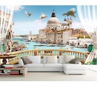 Balcony Window River Architecture Flying Birds 3D Wallpaper Silky Texture Home Study Office Grey Dining Room Sofa Bedroom Living Room TV Backdrop-430cm×300cm