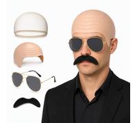 Bald Cap Set, Bald Caps Pitbull Style, Mr Worldwide Costume Unisex Adult | Complete Kit with Beard, Glasses & Hair Net for Music Festival Party, Bold Cap & Bold Caps Wigs Look