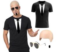 Bald Caps Costume Adults Men, Mr Worldwide Costume for Halloween Cosplay | 4 Pieces Bald Latex Costume Set with Bald Head Cap Shirt Sunglasses Fake Beard, for Halloween Music Festival Fancy Dress