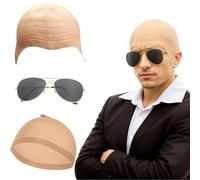 Bald Caps for Adults Men Women Costume Accessory Makeup Bald Head Wig Cap Costume Set Bald Cap Sunglasses, Mens Ladies Music Icon Famous Celebrity Fancy Dress Costume Accessory Set