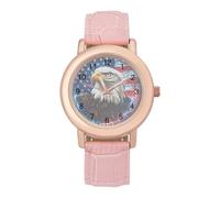 Bald E-agles Thunder U.S. Flag Classic Watches for Women Pink Leather Strap Trendy Quartz Watch for Small Wrists