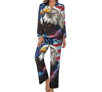 Bald Ea-gles Thunder U.S. Flag Soft Pajama Set for Women Lapel Button Down Long Sleeve Pj Sleepwear Loungewear 2 Piece