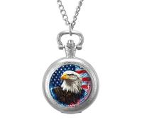 Bald Ea-gles Thunder U.S. Flag Vintage Pocket Watches Roman Numerals Quaretz Watch with Chain Christmas Birthday Gifts Silver-Style