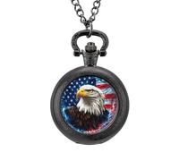 Bald Ea-gles Thunder U.S. Flag Vintage Pocket Watches Roman Numerals Quaretz Watch with Chain Christmas Birthday Gifts Black-Style