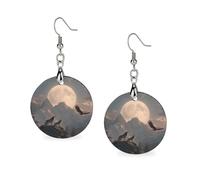 Bald Ea-gles Wolf Howling Wooden Earrings Round Dangle Earrings for Travel Party