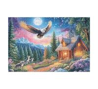 Bald Eagle Above Forest Cabin with Wolves 1000 Piece Count Premium Jigsaw Puzzle Teen Fans 14-18 Yrs Ultra Difficult Leisure Adventure Valentines Eco Friendly Creativity & Gift Giving 1000 PCS