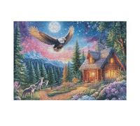 Bald Eagle Above Forest Cabin with Wolves 300 Pieces Set Classic Jigsaw Puzzle Teen Fans 14-18 Yrs Logic Skill Leisure Adventure Valentines Gift Eco-friendly Recycled Cardboard 300 PCS