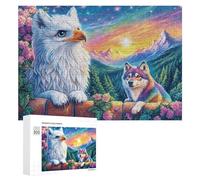 Bald Eagle And Rainbow Wolf on Brick Wall 300 Piece Jigsaw Puzzle for Adults Indoor Relaxing Game Concentration Training Gift for Evening 300 PCS